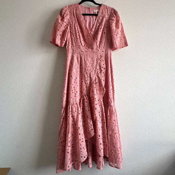 Rebecca Taylor Pink Eyelet Clover Embroidered Silk Cotton Blend Dress size 6 - Picture 2 of 13